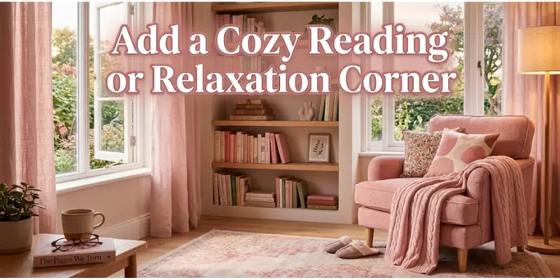 Cozy Hello Kitty reading corner with a pink chair, soft cushions, plush toys, and warm lighting.