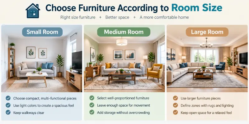 Furniture arranged according to room size and available space