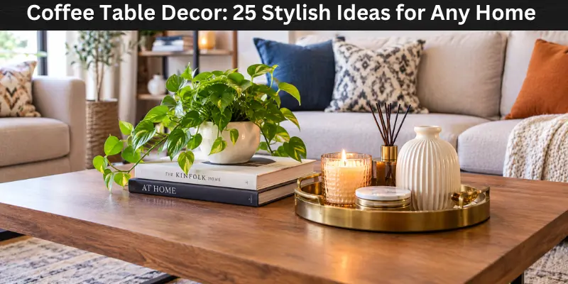 Stylish coffee table decorated with books, flowers, candles, and modern accessories in a cozy living room.