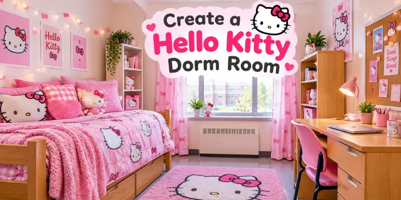 Hello Kitty dorm room featuring pink bedding, cute plush toys, desk accessories, and decorative accents