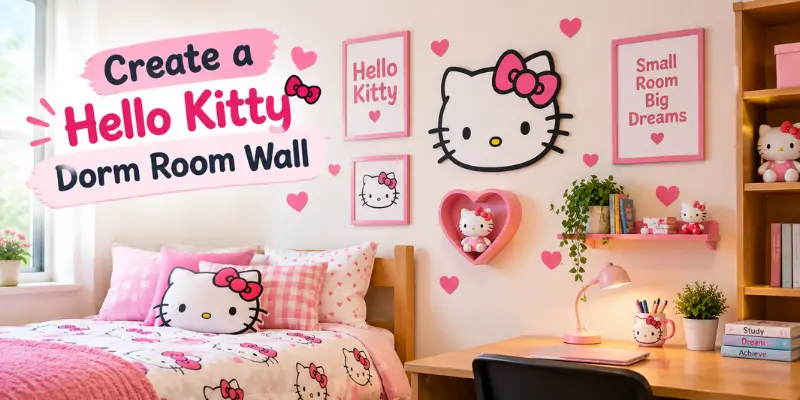 Hello Kitty dorm room wall decorated with pink posters, character prints, fairy lights, and cute accessories.