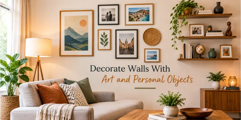 Living room wall decorated with framed artwork, personal photographs, and