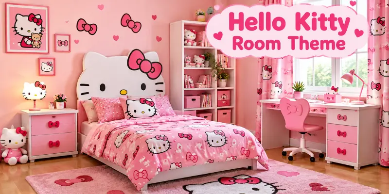 Hello Kitty room theme with coordinated pink furniture, bedding, wall decor, and cute accessories.