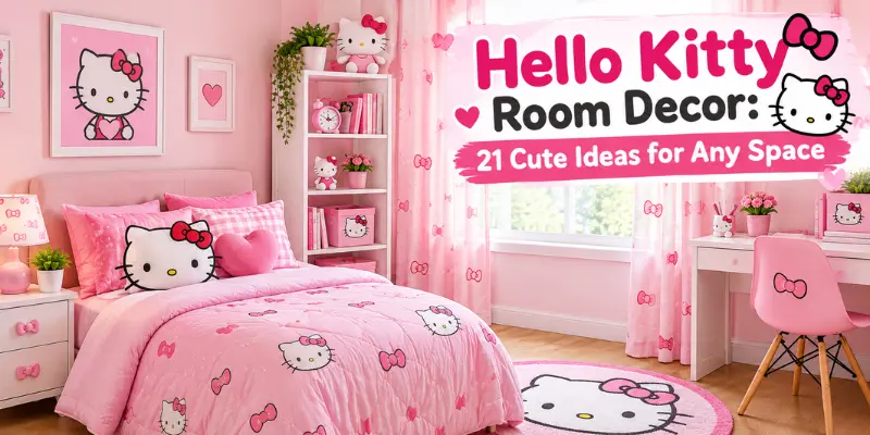 Hello Kitty room decor with pink bedding, plush toys, wall art, and cute accessories for any space.