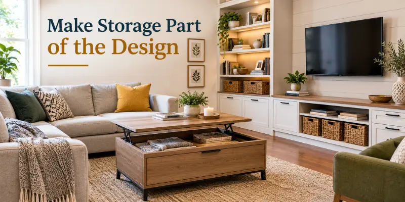 Organized living room with stylish storage cabinets, decorative baskets, floating shelves, and neatly arranged accessories.