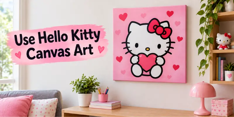 Hello Kitty canvas art featuring a cute character illustration in pink and white displayed on a bedroom wall.