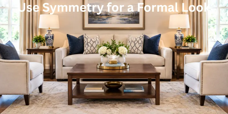 Symmetrically arranged coffee table decor with matching candle holders, books, and decorative accessories.